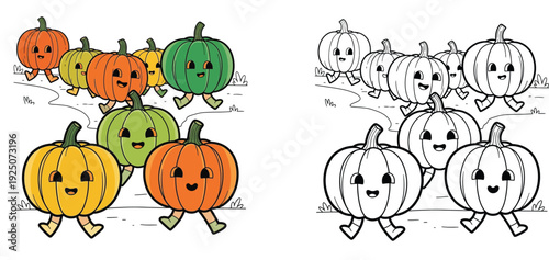 Cute Cartoon Pumpkins Walking Together Illustration Set for Coloring Book and Kids Activity, Hand Drawn Fall Harvest Vegetables with Faces, Halloween and Thanksgiving Themed Vector Art