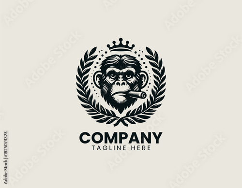 monkey with laurel wreath and cigar is presented as bold monochrome vector logo on clean white background