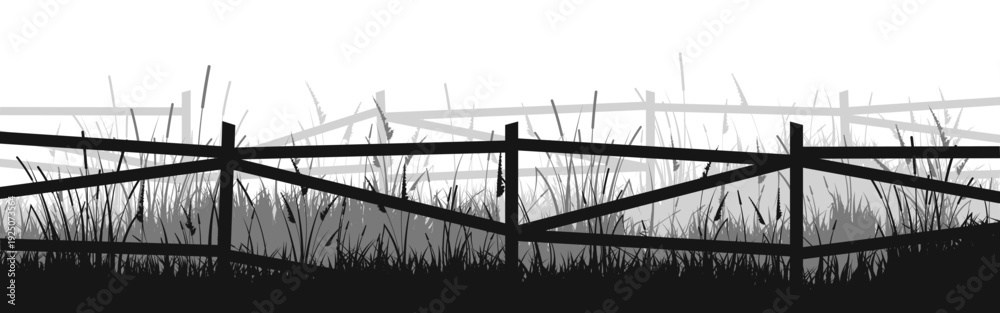 Naklejka premium Meadow silhouettes with grass and old wooden fence. Countryside, panoramic summer lawn rural landscape with herbs, weeds. Herbal border, frame element. Black horizontal banners. Vector illustration