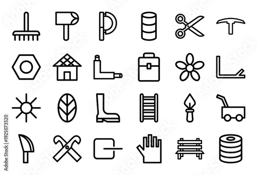 Professional gardening and landscaping tool symbols in thick monoline style for outdoor maintenance, horticulture, and home improvement infographics.