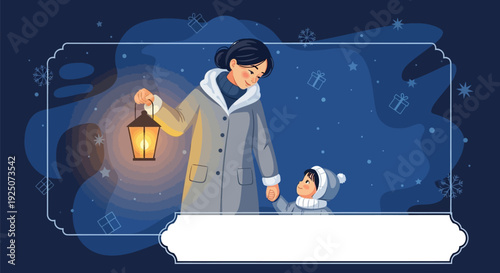 Mother and child in winter night.