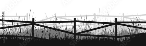 Meadow silhouettes with grass and old wooden fence. Countryside, panoramic summer lawn rural landscape with herbs, weeds. Herbal border, frame element. Black horizontal banners. Vector illustration