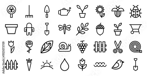 Sustainable urban gardening and organic farming monoline icons. Minimalist black line pictograms for horticulture, botanical growth, and backyard cultivation.