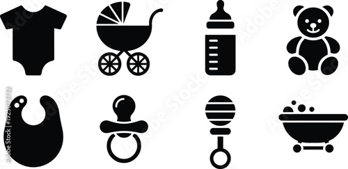 baby icons, newborn silhouette, infant set, baby bodysuit, stroller silhouette, baby bottle, teddy bear, 