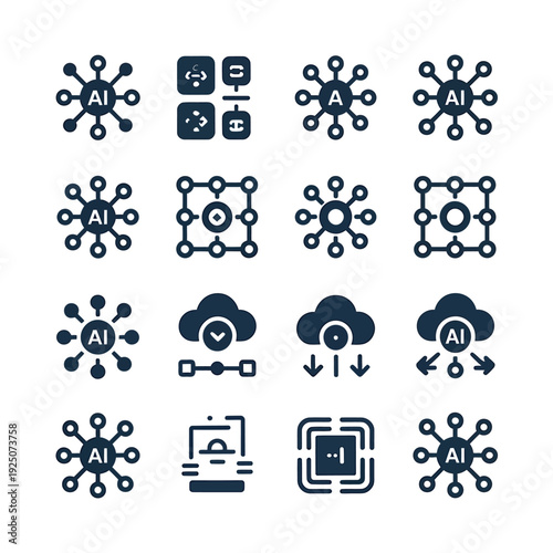 Various icons depicting artificial intelligence neural networks and cloud computing concepts visualized