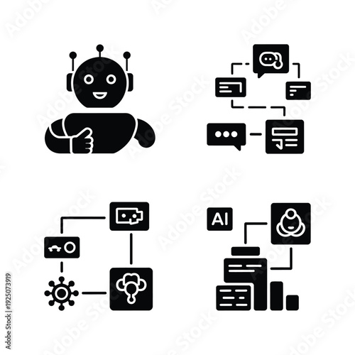 Robot icon set depicting artificial intelligence communication and interconnected data networks