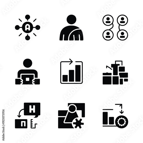 Set of black icons depicting business people data and organizational structure concepts