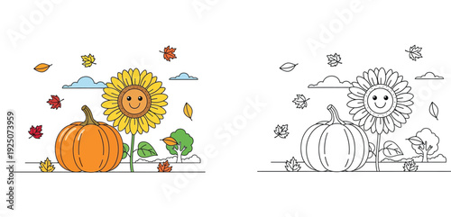 Autumn coloring book page for kids featuring a happy smiling sunflower and a large pumpkin with falling maple leaves in a seasonal harvest landscape vector illustration