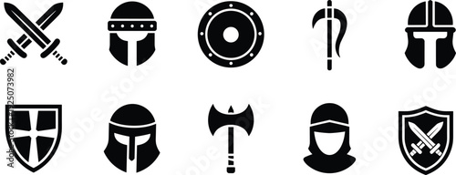 knight silhouette, medieval icons, warrior set, sword crossed, helmet silhouette, shield icon, battle axe, mace weapon, armor helmet, knight helmet, heraldry 