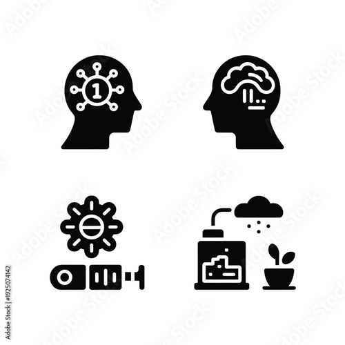 Silhouette icons depicting mental processes thoughts ideas and growth with sun and rain elements