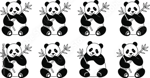 Giant panda bear silhouette collection eating bamboo, cute wildlife animal icons set isolated on white background, cad drawing flat vector illustration, nature.