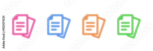 Neon glowing document vector icons set, file, paper, data, record, vibrant colorful digital design illustration on transparent background.