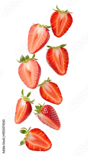 Falling strawberry halves isolated on transparent background
