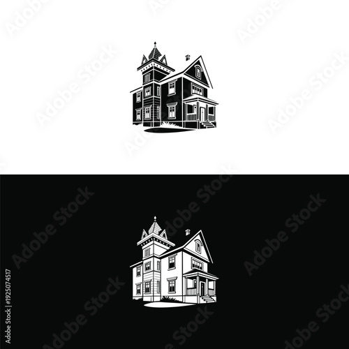 An intricately detailed black and white illustration captures the grand and classic architecture of a Victorian-style house, complete with a prominent turret and a welcoming porch.