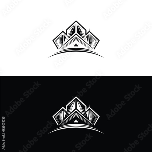 A sophisticated and strong black and white logo design depicts a majestic crown artfully combined with architectural elements, conveying a sense of royal elegance and structural excellence.