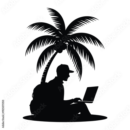 Silhouette of a person with laptop under a palm tree representing remote work and relaxation