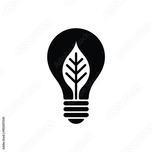 Black and white icon depicting a lightbulb with a leaf inside symbolizing green energy