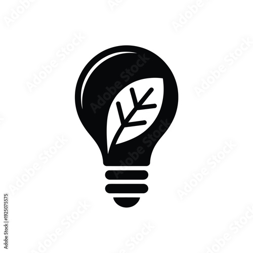 A black lightbulb icon with a green leaf inside symbolizing eco friendly and sustainable ideas