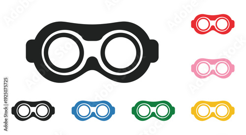 Black steampunk goggles icon with colorful variations, bold silhouette of retro mechanical glasses