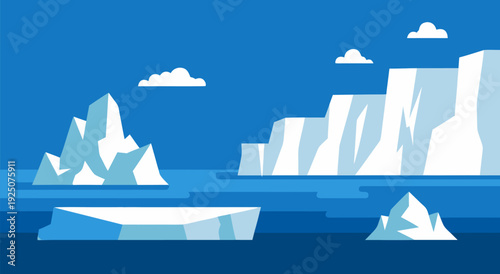 Vector illustration of calm blue icebergs floating beneath wispy clouds in polar ocean