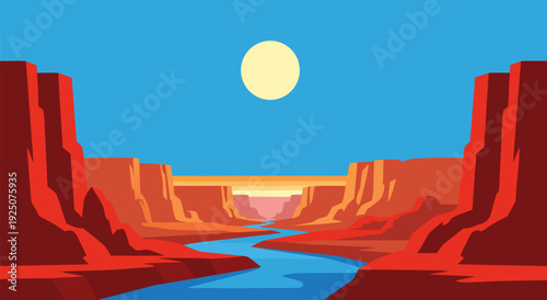 Bright vector illustration of a vibrant canyon with flowing river and big sun in blue sky
