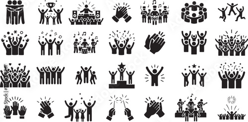 Crowd Celebration Solid Icon Set, Cheering Silhouettes Clapping Hands Raised Arms Vector