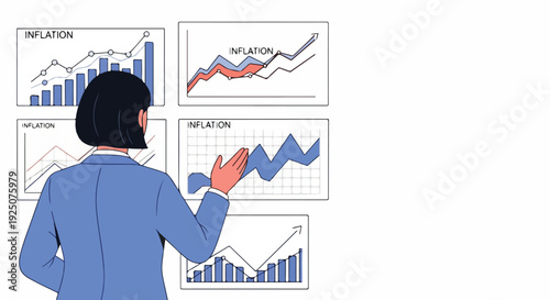 Businesswoman analyzing inflation data on multiple financial charts and graphs, tracking economic trends and market performance in a modern office setting.