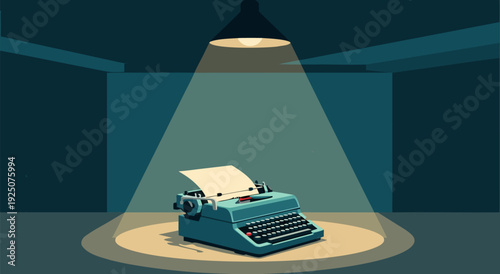 vector illustration spotlight nostalgic teal typewriter under dark retro stage