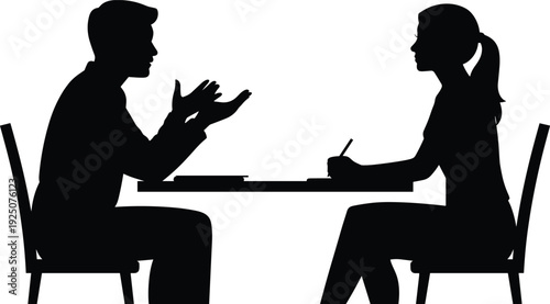 Silhouette of man explaining ideas with hand gestures to woman taking notes during business meeting discussion at table vector illustration.