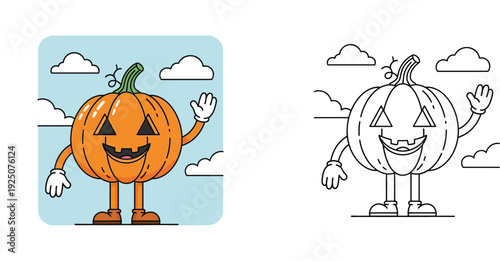 Happy Halloween Pumpkin Character Mascot with Waving Hand and Coloring Page Version for Kids Activities and Festive Vector Illustration