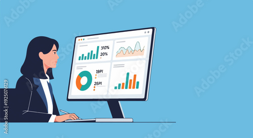 Woman analyzing financial data on a computer screen with charts and graphs, business analytics concept