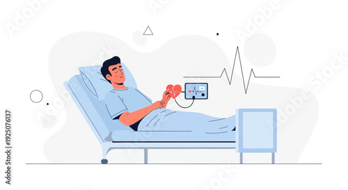 Male Patient in Hospital Bed Connected to Heart Monitor and ECG