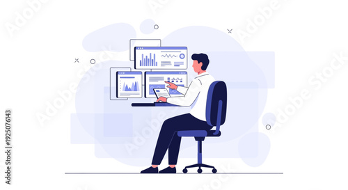 Man analyzing financial charts on multiple computer screens, business analytics illustration