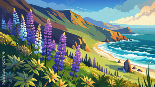 Very beautiful close-up lupine flowers along coastal cliffs of Big Sur, blending ocean breeze with vibrant mountain blooms.
