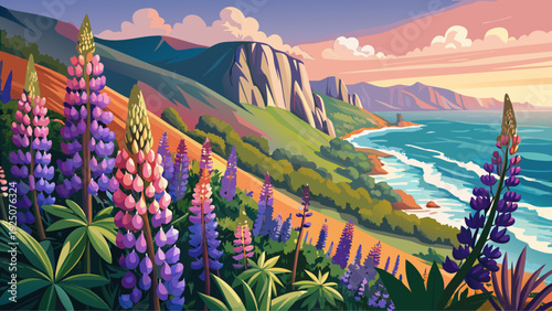 Very beautiful close-up lupine flowers along coastal cliffs of Big Sur, blending ocean breeze with vibrant mountain blooms.
