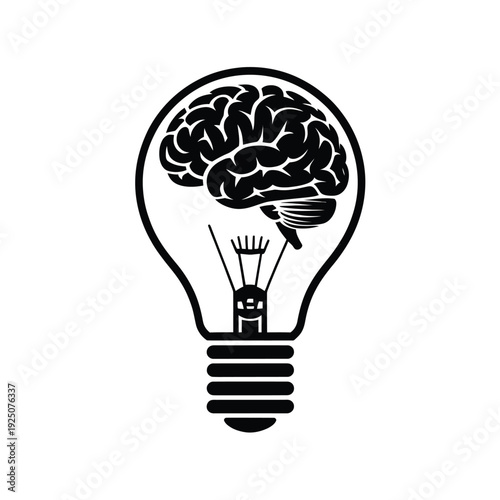 Black and white illustration of a lightbulb containing a detailed human brain inside