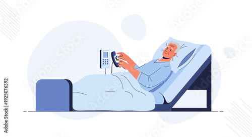 Elderly Man in Hospital Bed Using Telephone with Medical Monitor
