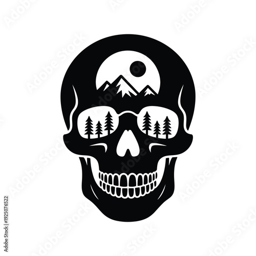 Skull silhouette contains mountain range and moon reflection dark and mysterious design