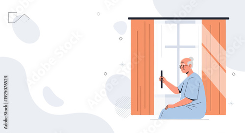 Elderly Woman Sitting Near Window, Holding Rod, Peaceful Retirement Lifestyle