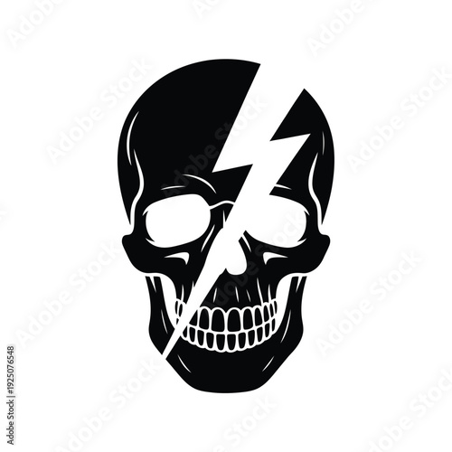Black skull illustration with a striking lightning bolt crack across its face design