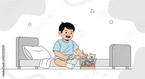 Happy Boy Sitting on Bed Playing with Toys, Drawing, Childhood Fun
