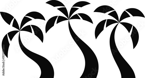 Three curved palm tree silhouettes with stylized tropical leaves isolated on white background modern beach vector illustration