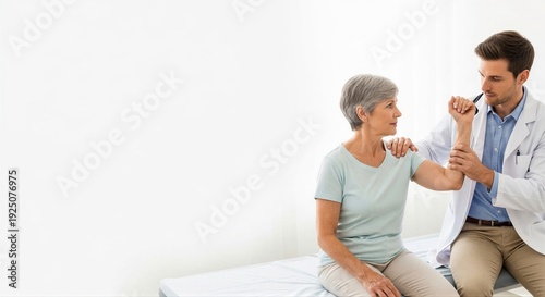 Doctor examining woman patient arm in medical office. Physical therapy and rehabilitation concept. Healthcare professional assisting senior.