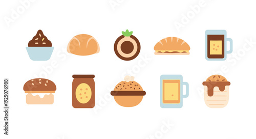 Breakfast scene with various baked goods and drinks on a table indoors