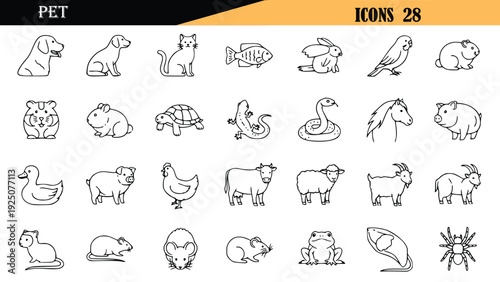 Collection of twenty eight various pet animal icons in simple black outline on white background for design and graphic projects showcasing diversity of domesticated animals.
