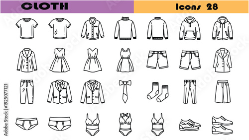 Diverse collection of 28 clothing icons showcasing various apparel and accessories for men and women in a simple monochrome style.