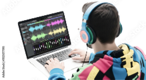 Music Producer Working on Laptop with Halftone Texture Effect