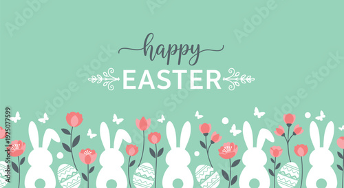 Happy Easter background with white bunny silhouettes, spring flowers and decorated eggs on green, cad drawing flat vector illustration, isolated.
