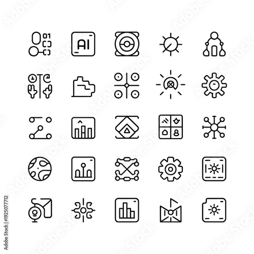 A collection of minimalist line icons depicting technology data and various abstract symbols