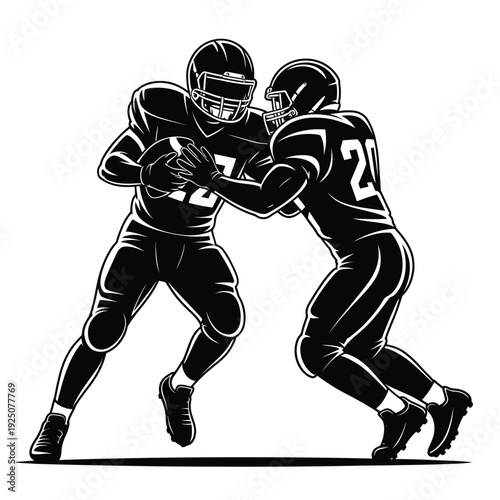 American football players in a dynamic black and white illustration engaged in a tackle